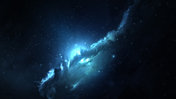 青と黒の銀河のデジタル壁紙、SF、宇宙、星雲、アートワーク、 HDデスクトップの壁紙