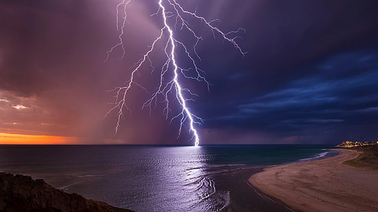 lightning, seashore, sea, storm, cloudy, clouds, night, HD wallpaper HD wallpaper
