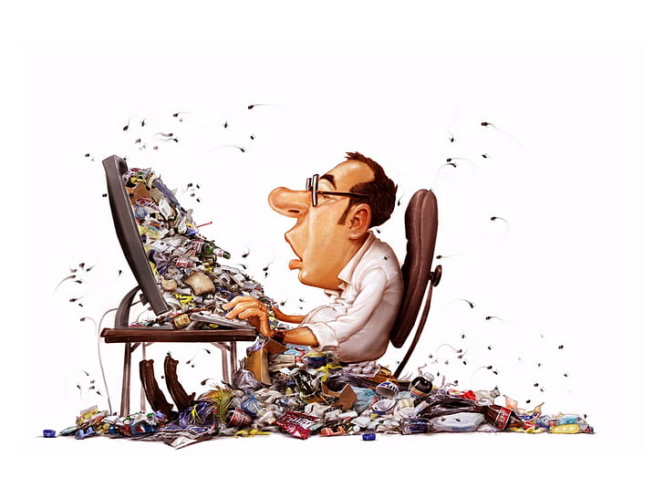 homme assis devant un écran d'ordinateur entouré de déchets screengrab, minimalisme, résumé, œuvres d'art, ordinateur, chaise, assis, mouche, poubelle, Fond d'écran HD