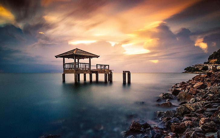 Holzkonstruktion, Natur, Landschaft, Küste, Meer, Wolken, Ruine, verlassen, Dock, Rock, Thailand, ruhig, bunt, HD-Hintergrundbild