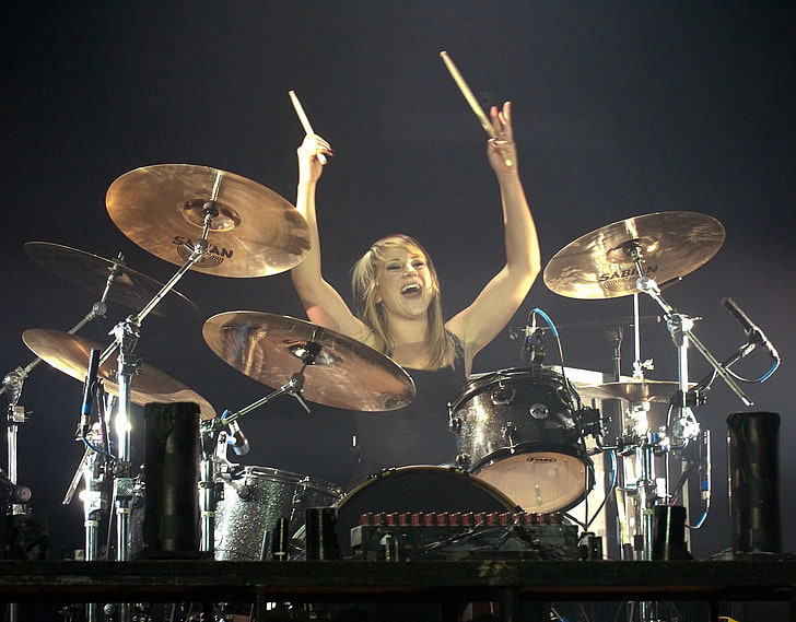 set drum hitam dengan simbal, Jen Ledger, Skillet (band), Drummer, hard rock, musik, Wallpaper HD