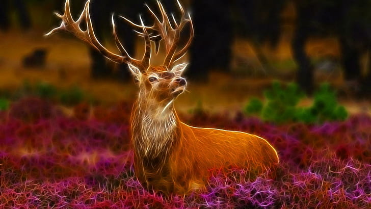 Mächtiger Hirsch, braunes Reh, Kitz, Tiere, Fantasie, Hirsch, Natur, Blume, wild lebende Tiere, HD-Hintergrundbild