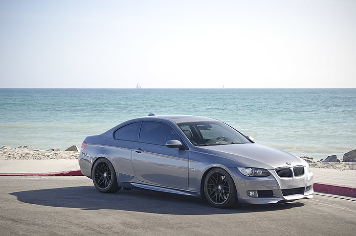 silver BMW coupe, sea, grey, BMW, coupe, shadow, 335i, e92, the curb, HD wallpaper
