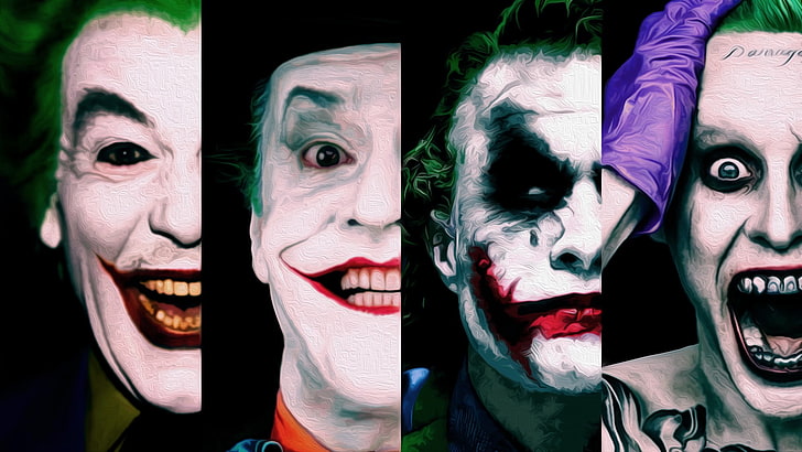 четири колажа на илюстрациите Joker, Joker, Jared Leto, Jack Nicholson, Heath Ledger, DC Comics, злодей, лого на Батман, New 52, ​​комикси, смях, HD тапет