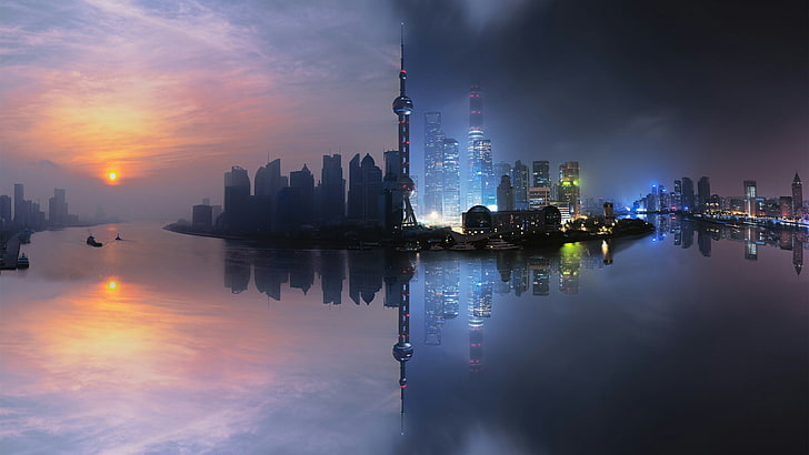 cityscape, reflection, skyline, city, shanghai, water, metropolis, skyscraper, landmark, sky, night, china, morning, dusk, asia, HD wallpaper