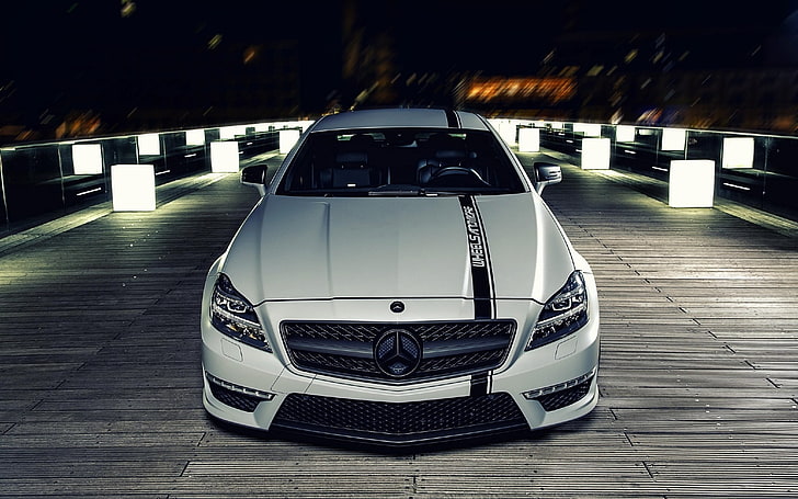 white Mercedes-Benz car, mercedes benz cls, mercedes benz, night, front view, bumper, HD wallpaper