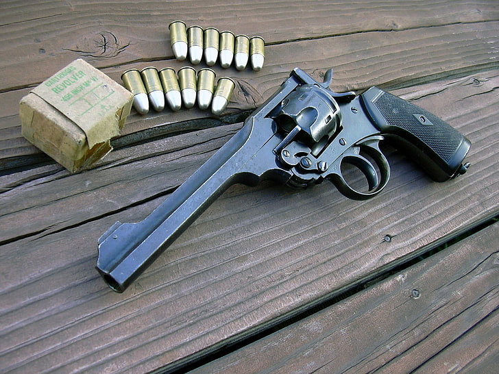 black revolver pistol with bullets, gun, revolver, bullet, Lee Enfield, Webley Revolver, HD wallpaper