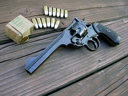 black revolver pistol with bullets, gun, revolver, bullet, Lee Enfield, Webley Revolver, HD wallpaper HD wallpaper