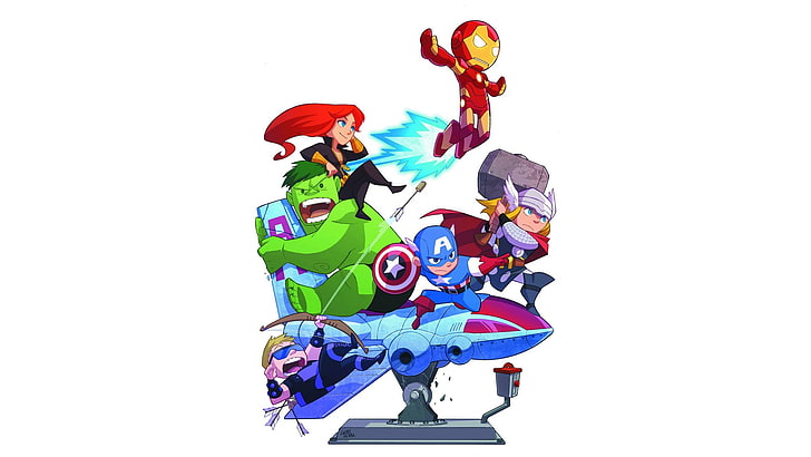 Marvel Avengers illustration, Iron Man, Marvel Comics, Hulk, Captain America, Black Widow, Thor, Hawkeye, The Avengers, konstverk, humor, HD tapet
