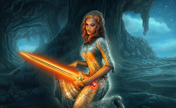 wanita memegang ilustrasi pedang, seni fantasi, karya seni, pedang, senjata fantasi, Wallpaper HD