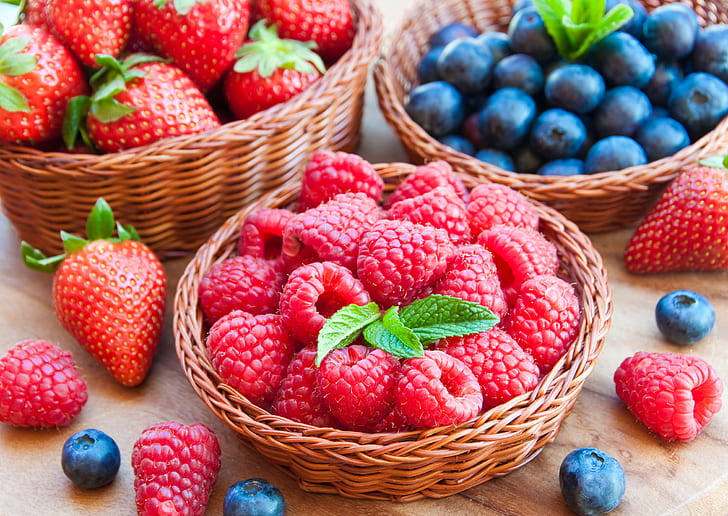 딸기, 라즈베리, 딸기, 음식, 딸기, 바구니, HD 배경 화면
