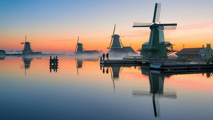 мельница, рассвет, отражение, небо, утро, восход солнца, вода, спокойствие, zaanse schans, zaandam, нидерланды, европа, HD обои