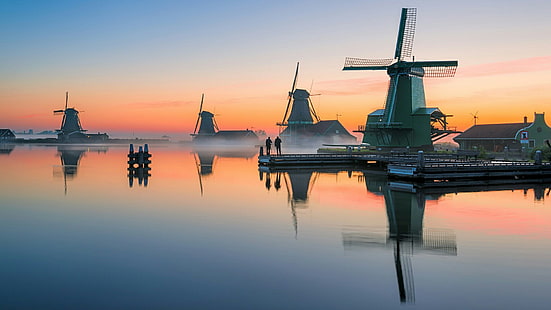windmill, dawn, reflection, sky, morning, sunrise, water, calm, zaanse schans, zaandam, netherlands, europe, HD wallpaper HD wallpaper