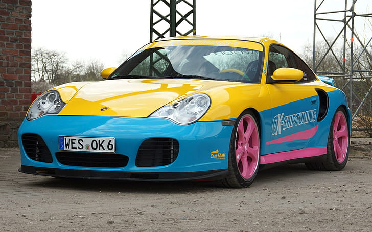 2002 OK Chiptuning Manta Porsche 996 Turbo, coupé sport jaune et bleu, porsche, turbo, chiptuning, 2002, manta, voitures, Fond d'écran HD