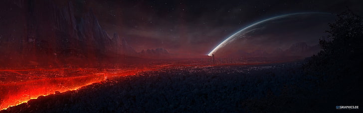 tidsinställd bild av land med vulkanutbrott och måne, rymden, röd, digital konst, konstverk, planet, apokalyptisk, HD tapet