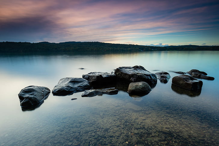 rock formation surrounded by clear water on late at daytinme, Still Waters, rock formation, clear, wide angle, tranquil, Landscape, sunset, serene, nature, water, windermere  Cumbria, lake, vacation, Canon 6D, holiday, shore, adventure, long exposure, scenic, Wild, people, travel, beach  beauty, beauty spot, coast, outdoors, tourist destination, Lake District, Canon, 35mm, 4L, blur, sky, South Lakeland, England, United Kingdom, GB, reflection, scenics, rock - Object, mountain, beauty In Nature, tranquil Scene, HD wallpaper