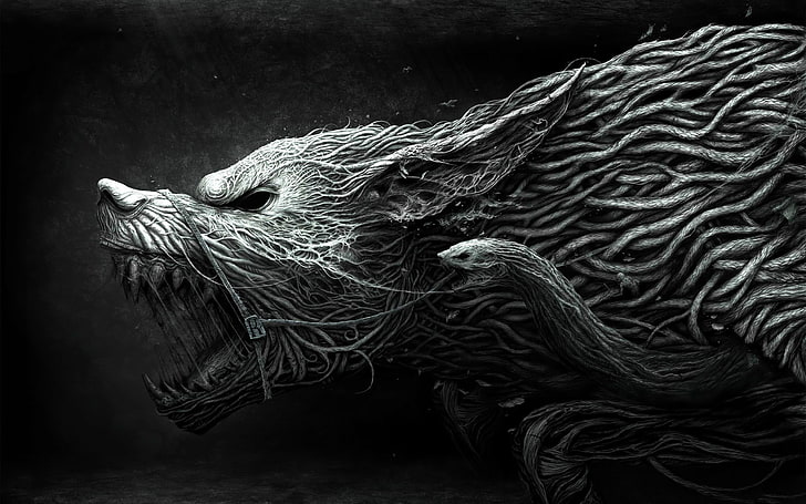 Graustufenfoto der Hundetapete, Fantasiekunst, Wolf, digitale Kunst, Geschöpf, Horror, Wurzeln, Monochrom, einfacher Hintergrund, Werwolf, Schlange, dunkle Fantasie, HD-Hintergrundbild