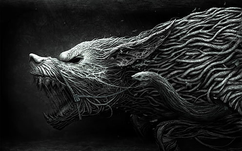 grayscale photo of dog wallpaper, fantasy art, wolf, digital art, creature, horror, roots, monochrome, simple background, Werewolf, snake, dark fantasy, HD wallpaper HD wallpaper