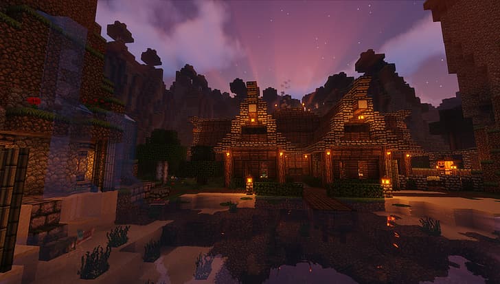Minecraft, Minecraft nether, landscape, building, lava, bridge, nature, plants, flowers, sky, Colorful leaves, colorful, green, pink, yellow, water, house, mountains, trees, forest, dog, wolf, mill, blue, clear sky, hell, roses, rose, Bushes, Sun, sunlight, fountain, video games, PC gaming, dark, screen shot, HD wallpaper