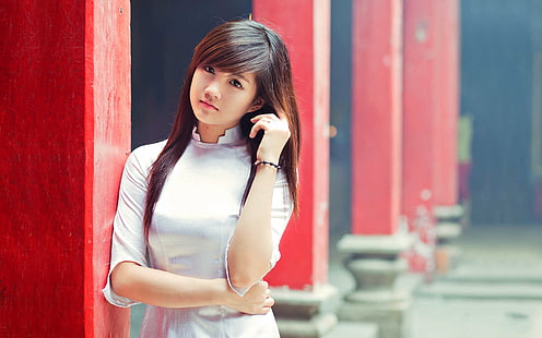 Linda menina asiática, vestido branco de manga 3/4 de mulher, menina, linda, asiática, gostosas e meninas, HD papel de parede HD wallpaper