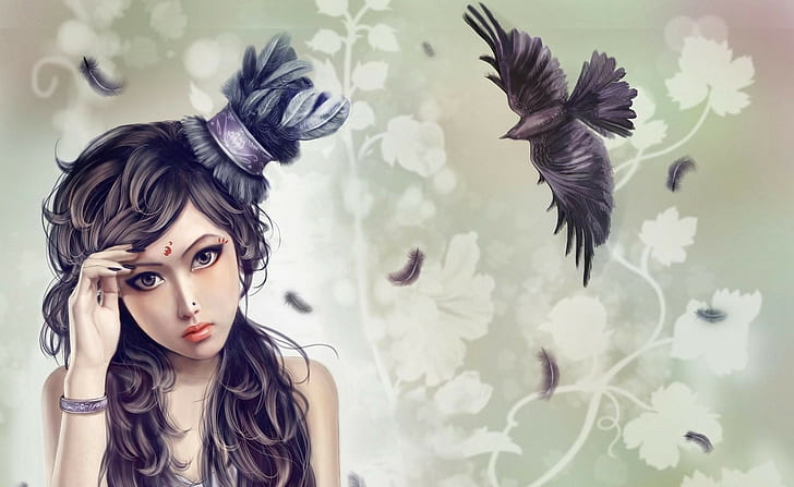 Gadis, Topi, Burung, Gagak, Terbang, Bulu, Wallpaper HD