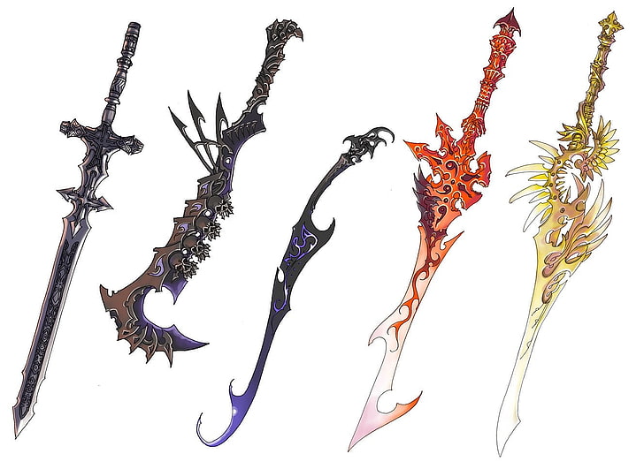pięć różnych ilustracji mieczy fantasy, sztuka fantasy, broń, broń fantasy, Tapety HD