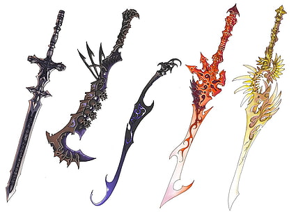 Ilustración de cinco espadas de fantasía variadas, arte de fantasía, arma, arma de fantasía, Fondo de pantalla HD HD wallpaper