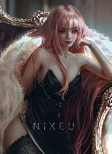 Nixeu, Yae Miko (Genshin Impact), Genshin Impact, аниме игри, момичета от видеоигри, видео игри, дигитално изкуство, фентъзи момиче, розова коса, черна рокля, рокля, жени, диван, черни чорапи, деколте, розови очи, HD тапет HD wallpaper