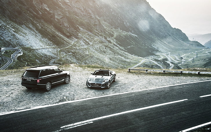 серый кабриолет купе, ягуар f-типа, рендж ровер, горы, дорога, HD обои