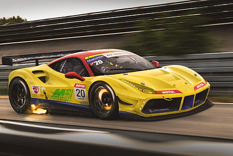 carro esporte amarelo e vermelho, Ferrari, carro, corrida, GTB, velocidade, GT3, amarelo, faixa, 488, HD papel de parede HD wallpaper