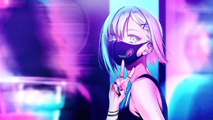mask, anime girls, short hair, straps, peace sign, colorful, HD wallpaper