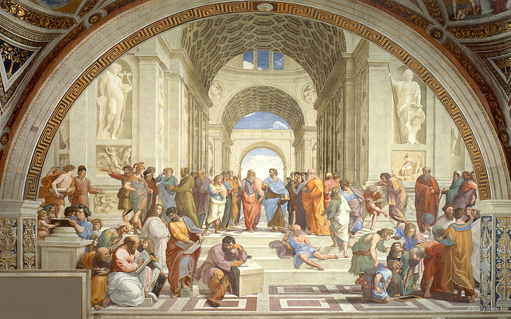 religious painting, Raphael, Athens, philosophy, arch, school, architecture, painting, students, steps, classic art, Socrates, Greek philosophers, HD wallpaper