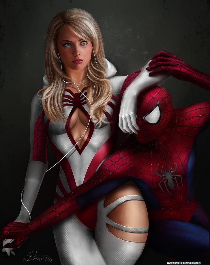 Spider-Gwen und Spider-Man Malerei, Margot Robbie und Spider-Man digitale Tapete, Margot Robbie, Spider-Gwen, Spider-Man, Illustration, Zeichnung, Neugestaltung, Marvel Comics, HD-Hintergrundbild, Handy-Hintergrundbild