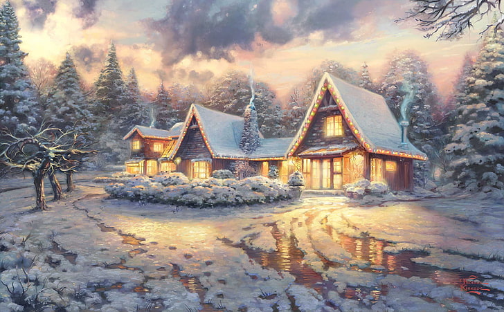 illustration of cabin covered with snow, winter, light, snow, clouds, the film, smoke, ice, picture, houses, house, painting, tree, art, new, movie, Thomas Kinkade, film, cottage, Christmas house, Christmas Lodge, the same name, Thomas Kinkade Presents, HD wallpaper