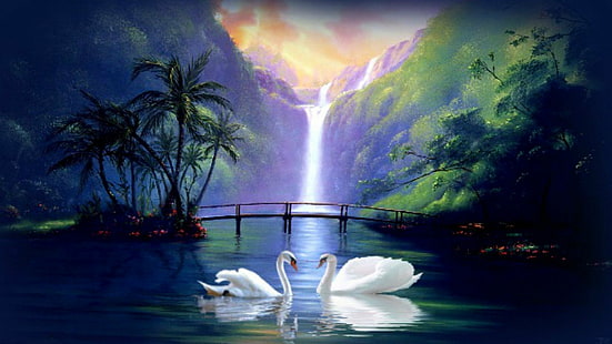 fantasy, love, swan, waterfall, HD wallpaper HD wallpaper