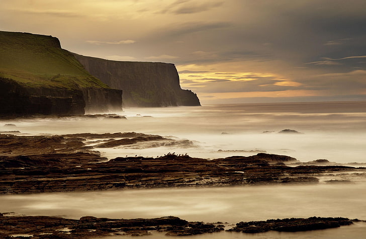 モハーの断崖、茶色の山々、ヨーロッパ、アイルランド、断崖、モハーの断崖、モヘアの断崖、郡クレア、郡クレア、アイルランド、モハーアイルランドの断崖、 HDデスクトップの壁紙