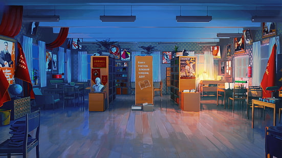 коричневый деревянный шкаф с зеркалом, библиотека, стул, литература, вечное лето, ArseniXC, HD обои HD wallpaper