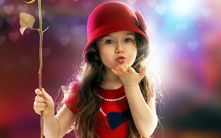 Cute Little Girl Kirim Kiss, topi merah gadis, Baby,, cute, girl, rose, kiss, Wallpaper HD