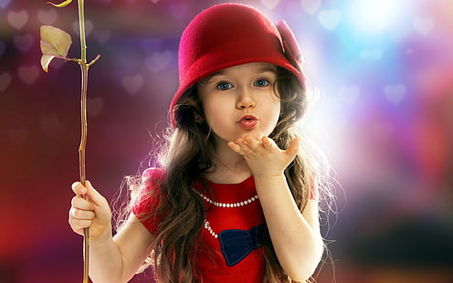 สาวน้อยน่ารักส่งจูบ, หมวกสีแดงของเด็กผู้หญิง, เด็ก, สาวน่ารัก, กุหลาบ, จูบ, วอลล์เปเปอร์ HD HD wallpaper