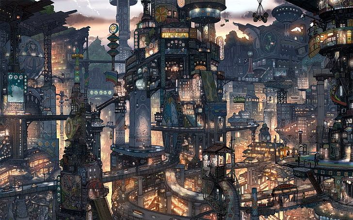 futurystyczne panoramy miasta cyfrowe tapety, anime, miasto, grafika, futurystyczne miasto, science fiction, fantasy art, Japonia, cyberpunk, pejzaż miejski, Imperial Boy, Suicide Sheep, Tapety HD