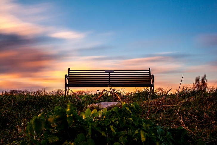black metal bench surrounded grass, Colours, Sky, black metal, bench, grass, clouds, east beach, seat, hill, shoeburyness, essex, england, long exposure, shot, simplicity, saturated, sunset, setting sun, photography, nature, outdoors, no People, HD wallpaper