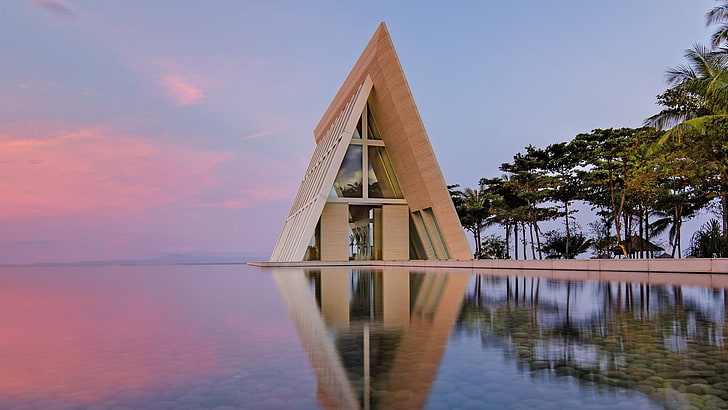 casa de madera marrón, naturaleza, puesta de sol, mar, agua, edificio, arquitectura, moderno, playa, triángulo, casa, reflexión, Fondo de pantalla HD