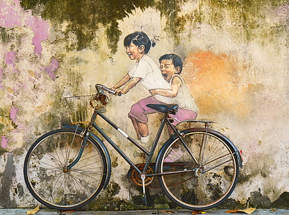 Kids Bicycle a Riding Graffiti Art, Artistic, Graffiti, Creative, Vintage, Riding, Wall, Drawing, Bicycle, Children, Playing, Retro, Urban, Public, kids, Boys, streetart, HD wallpaper HD wallpaper