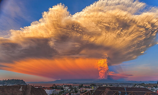 бял облак, Чили, вулкан Калбуко, изригвания, дим, залез, природа, пепел, вулкан, пейзаж, HD тапет HD wallpaper