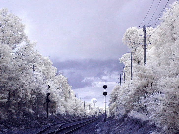 train railway photo during winter, railway, photo, winter, infrared, ir, train  tracks, trees, olympus, snow, railroad Track, nature, transportation, HD wallpaper
