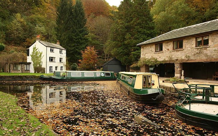 dock, boats, walking, river, leaves, autumn, HD wallpaper