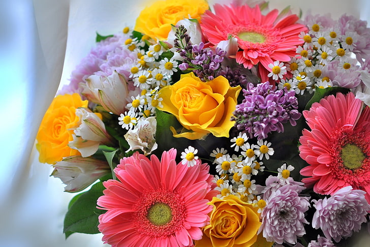 pink and yellow flowers, roses, chamomile, bouquet, gerbera, chrysanthemum, lilac, Alstroemeria, HD wallpaper