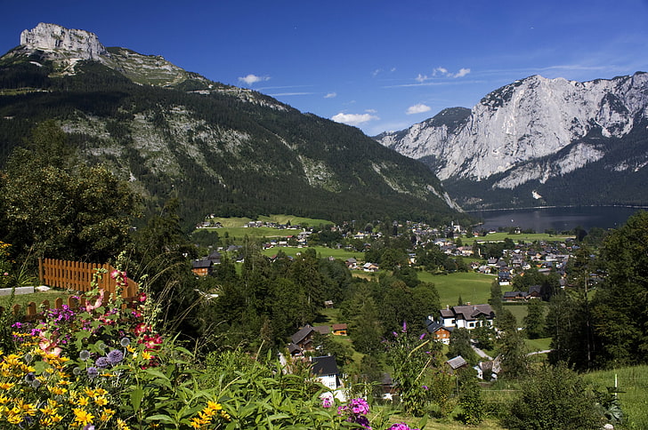 grass, trees, flowers, mountains, lake, home, Austria, village, Altaussee, Styria, HD wallpaper