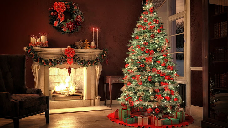 albero di Natale verde e lotto di ornamenti natalizi, albero di Natale, ornamenti natalizi, camino, alberi di pino, Natale, Sfondo HD