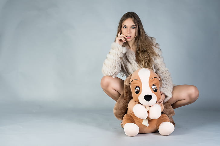 brunette, model, stuffed animal, spread legs, blue background, white coat, touching face, kneeling, looking at viewer, Anna, Luigi Malanetto, fur coats, HD wallpaper